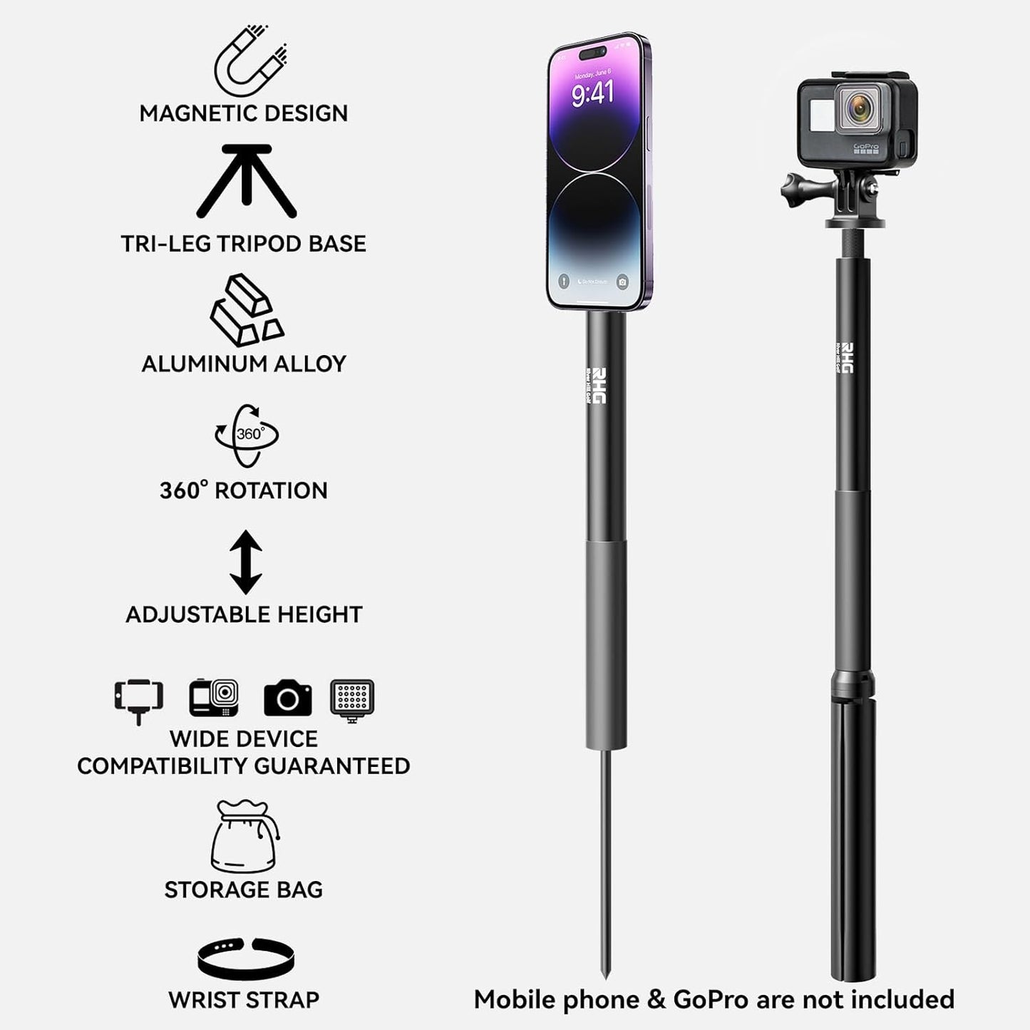Golf Monopod Stick, Golf Swing Phone Holder, 46" Magnetic Aluminum Alloy Selfie Stick w/Tri-Leg Tripod Base Spike Stake Mount, Compatible w/iPhone Camera, Golf Training Aid