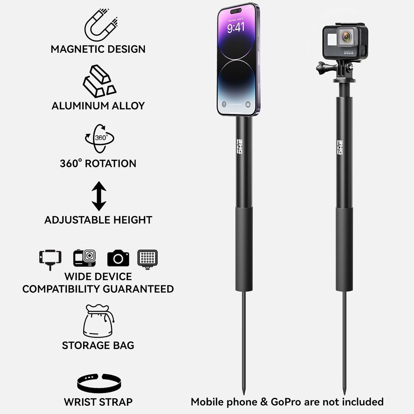 Golf Monopod Stick, Golf Swing Phone Holder, 46" Magnetic Aluminum Alloy Selfie Stick w/Spike Stake Mount, Compatible w/iPhone Camera Magsafe, Adjustable Heigh Tripod, Golf Training Aid