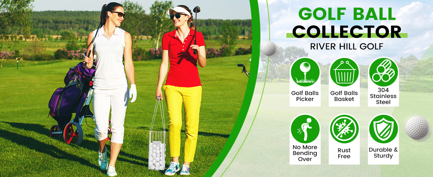 Golf Ball Retriever, 304 Stainless Steel Golf Ball Picker Upper, 2-in-1 Design Golf Ball Collector and Basket Hold Up 140 Balls, Rust-Free Shag Bag Grabber Collector Tool Bucket Simulator Accessories