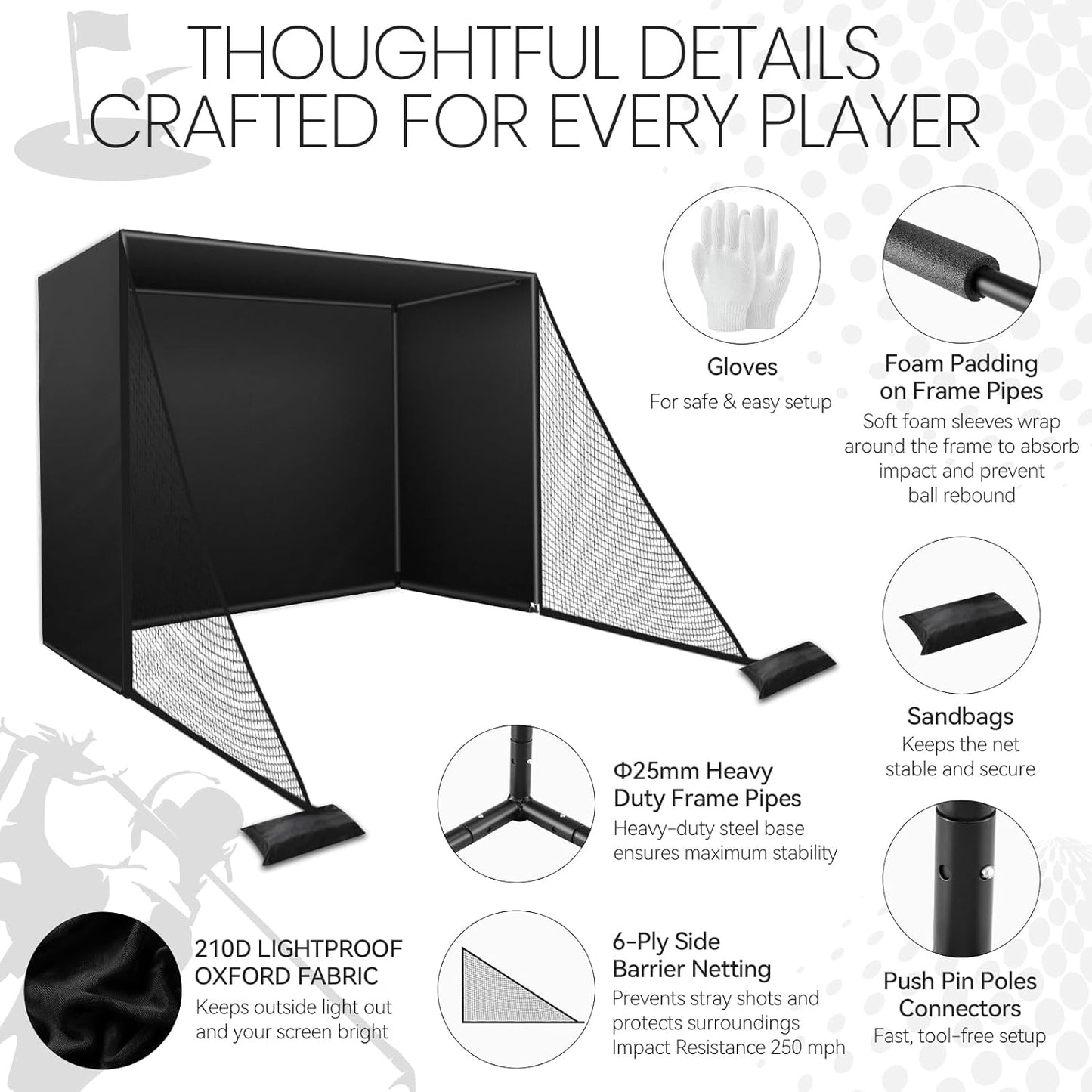 Golf Simulator Enclosure Net, 10 X 8 Ft Golf Sim Net Kit with Premium Triple Layer Impact Screen, Foam Padding Frame Pipes, Side Barrier Netting & Lightproof Cloth, Indoor Garage Practice Equipment