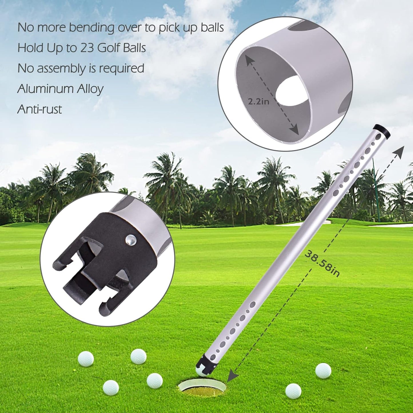 Golf Ball Retriever, Aluminum Alloy Picker Upper Tube, Golf Balls Shagger Grabber, Ball Collector, Pickup Tool Device for Men Women