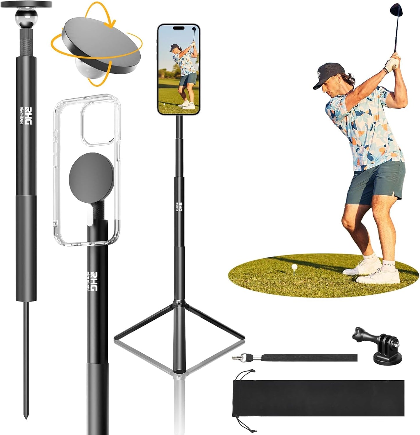 Golf Monopod Stick, Golf Swing Phone Holder, 46" Magnetic Aluminum Alloy Selfie Stick w/Tri-Leg Tripod Base Spike Stake Mount, Compatible w/iPhone Camera, Golf Training Aid