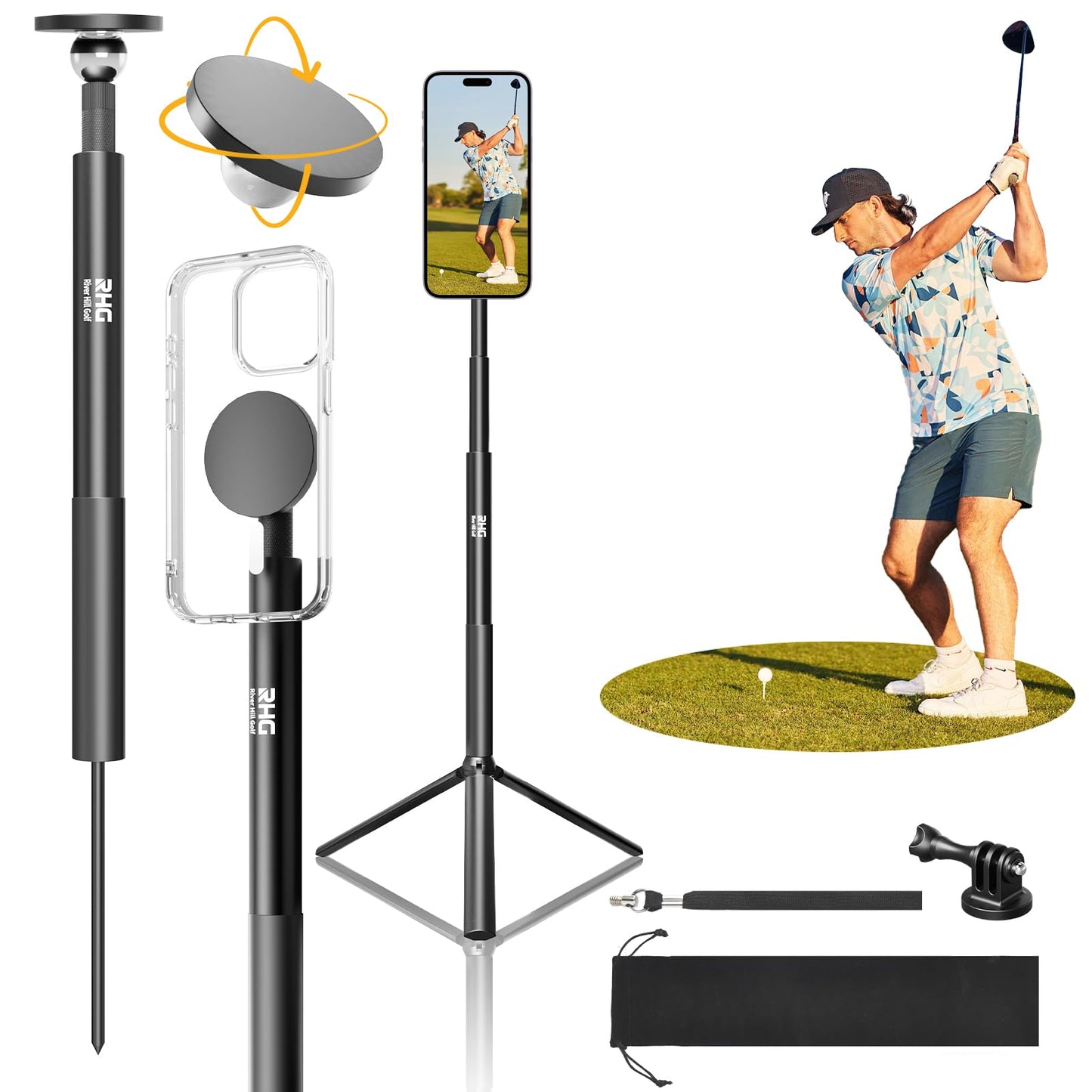 Golf Monopod Stick, Golf Swing Phone Holder, 46" Magnetic Aluminum Alloy Selfie Stick w/Tri-Leg Tripod Base Spike Stake Mount, Compatible w/iPhone Camera, Golf Training Aid