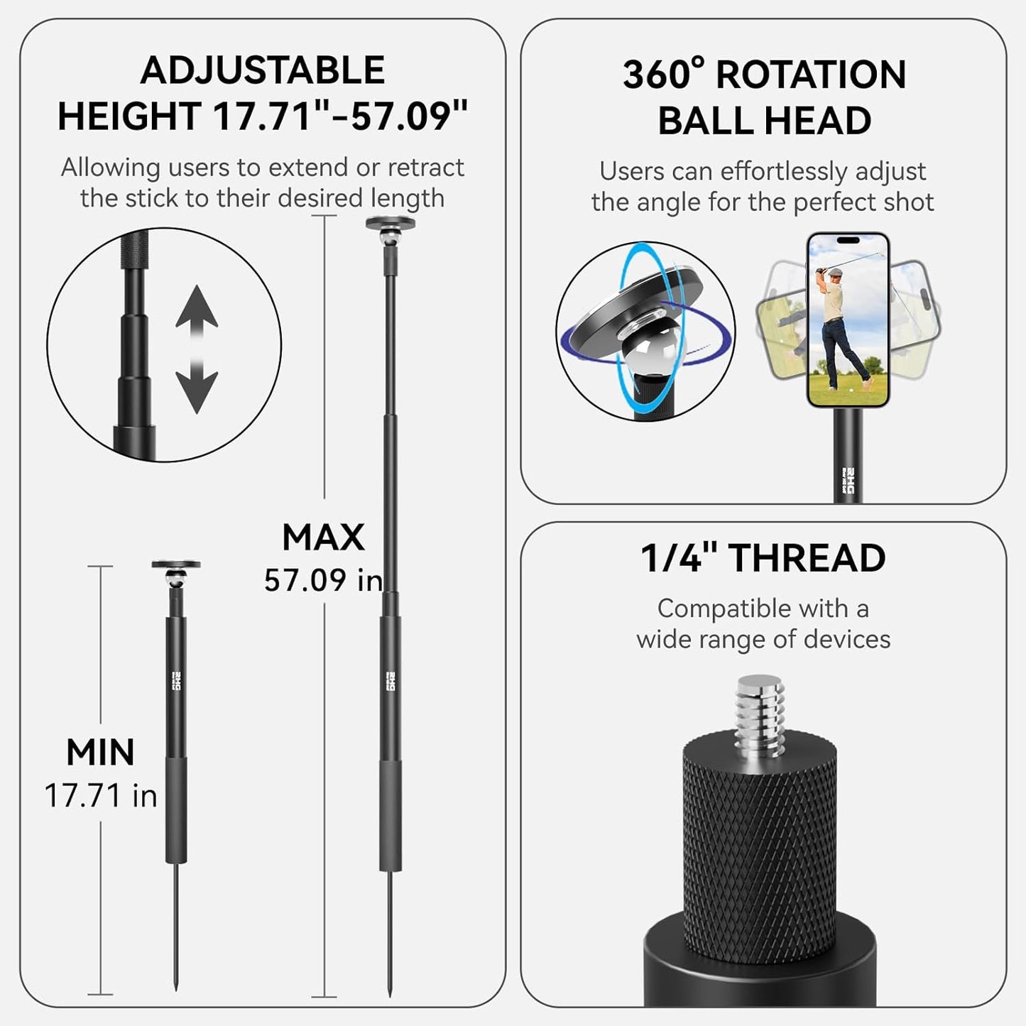 Golf Monopod Stick, Golf Swing Phone Holder, 46" Magnetic Aluminum Alloy Selfie Stick w/Spike Stake Mount, Compatible w/iPhone Camera Magsafe, Adjustable Heigh Tripod, Golf Training Aid