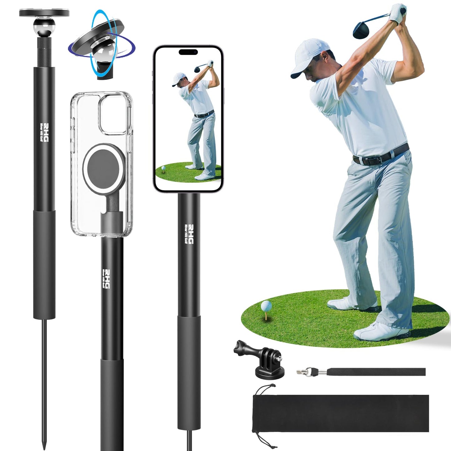 Golf Monopod Stick, Golf Swing Phone Holder, 46" Magnetic Aluminum Alloy Selfie Stick w/Spike Stake Mount, Compatible w/iPhone Camera Magsafe, Adjustable Heigh Tripod, Golf Training Aid