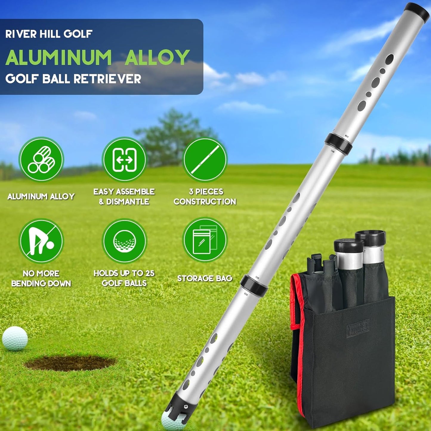 Golf Ball Retriever, Aluminum Alloy Picker Upper Tube, Golf Balls Shagger Grabber, Ball Collector, Pickup Tool Device for Men Women