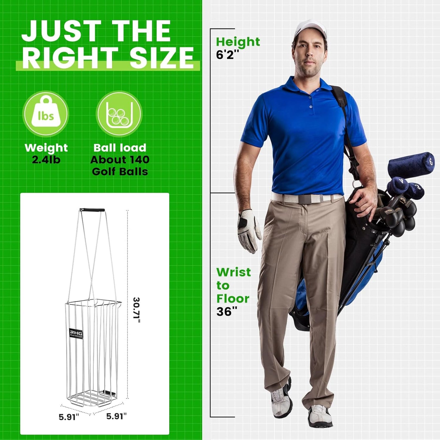 Golf Ball Retriever, 304 Stainless Steel Golf Ball Picker Upper, 2-in-1 Design Golf Ball Collector and Basket Hold Up 140 Balls, Rust-Free Shag Bag Grabber Collector Tool Bucket Simulator Accessories