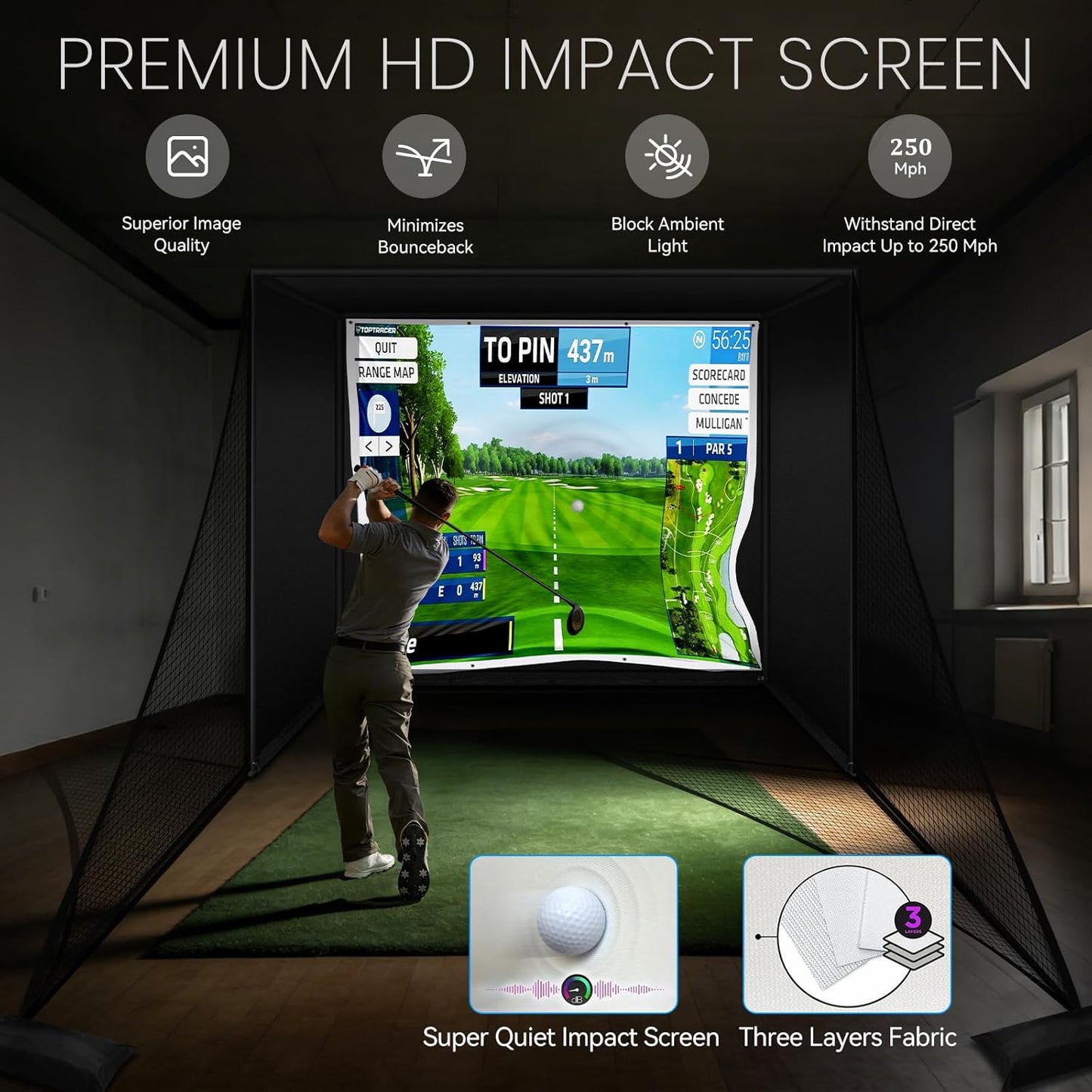 Golf Simulator Enclosure Net, 10 X 8 Ft Golf Sim Net Kit with Premium Triple Layer Impact Screen, Foam Padding Frame Pipes, Side Barrier Netting & Lightproof Cloth, Indoor Garage Practice Equipment