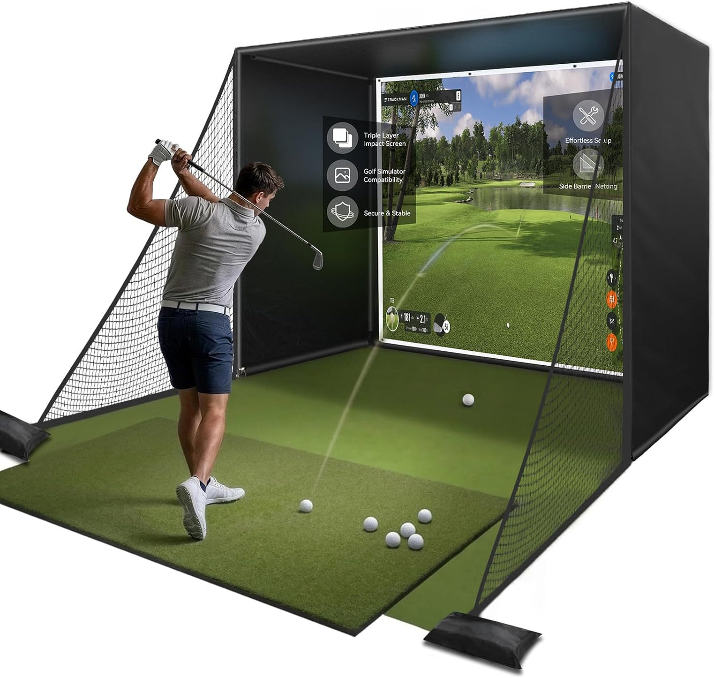 Golf Simulator Enclosure Net, 10 X 8 Ft Golf Sim Net Kit with Premium Triple Layer Impact Screen, Foam Padding Frame Pipes, Side Barrier Netting & Lightproof Cloth, Indoor Garage Practice Equipment