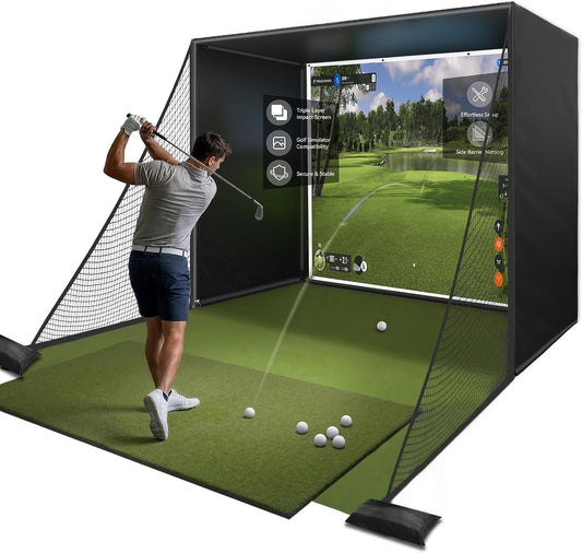 Golf Simulator Enclosure Net, 10 X 8 Ft Golf Sim Net Kit with Premium Triple Layer Impact Screen, Foam Padding Frame Pipes, Side Barrier Netting & Lightproof Cloth, Indoor Garage Practice Equipment