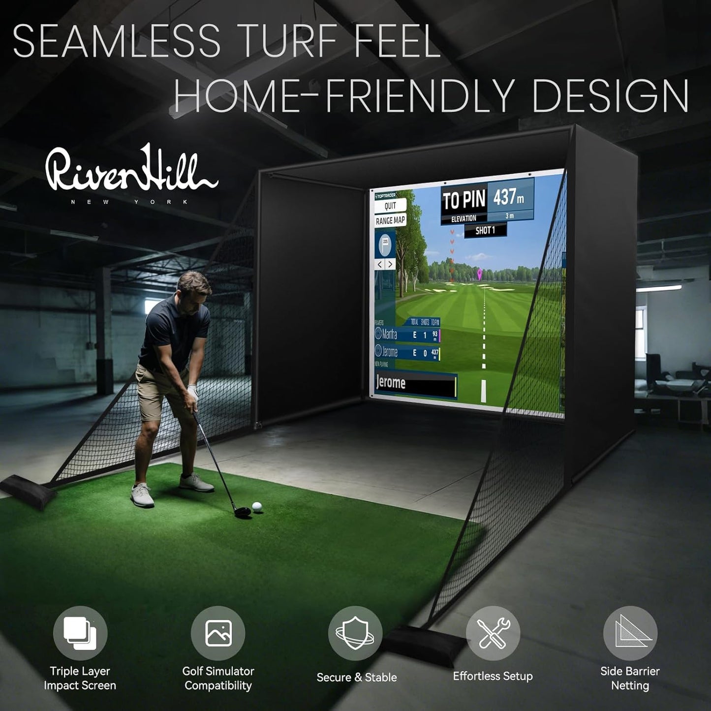 Golf Simulator Enclosure Net, 10 X 8 Ft Golf Sim Net Kit with Premium Triple Layer Impact Screen, Foam Padding Frame Pipes, Side Barrier Netting & Lightproof Cloth, Indoor Garage Practice Equipment