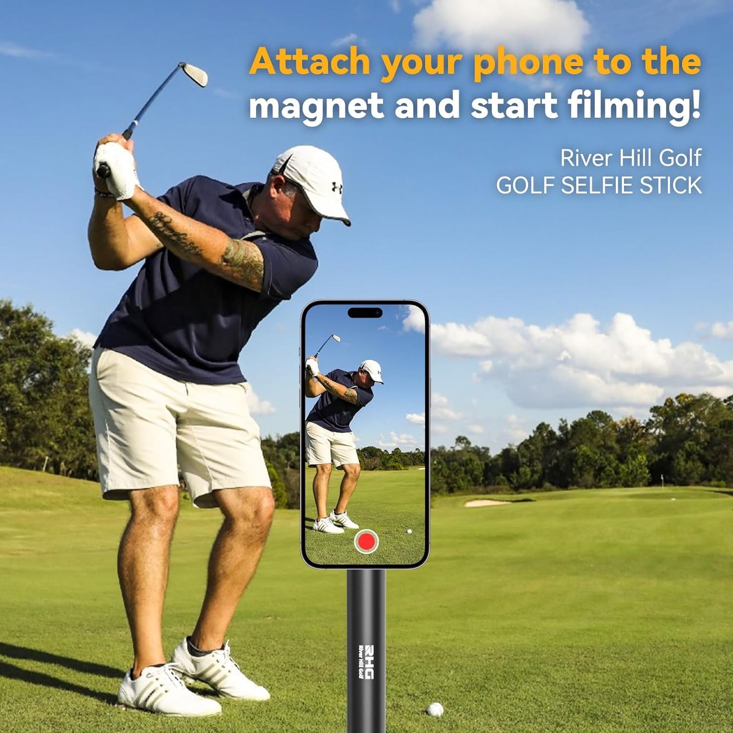 Golf Monopod Stick, Golf Swing Phone Holder, 46" Magnetic Aluminum Alloy Selfie Stick w/Spike Stake Mount, Compatible w/iPhone Camera Magsafe, Adjustable Heigh Tripod, Golf Training Aid