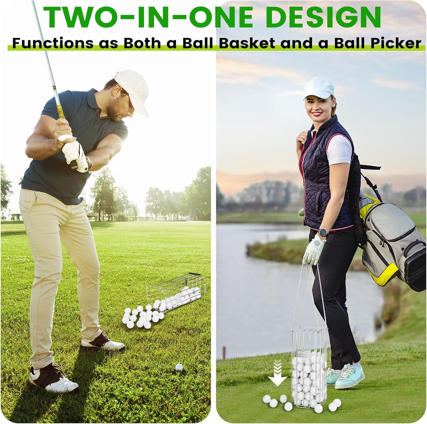 Golf Ball Retriever, 304 Stainless Steel Golf Ball Picker Upper, 2-in-1 Design Golf Ball Collector and Basket Hold Up 140 Balls, Rust-Free Shag Bag Grabber Collector Tool Bucket Simulator Accessories