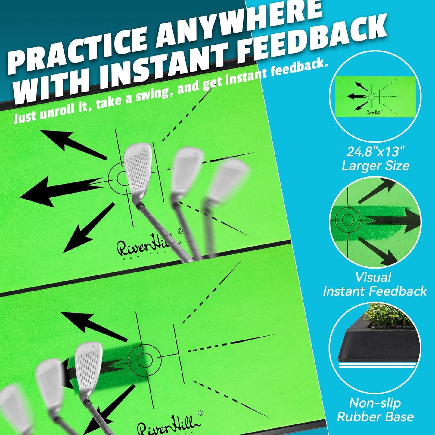 Golf Hitting Mat, Large Golf Practice Mat 25"X13" with Instant Swing Path Feedback, 4 Replaceable Training Turf with Heavy Duty Rubber Base for Driving/Chipping/Putting, Golf Equipment Indoor & Outdoor