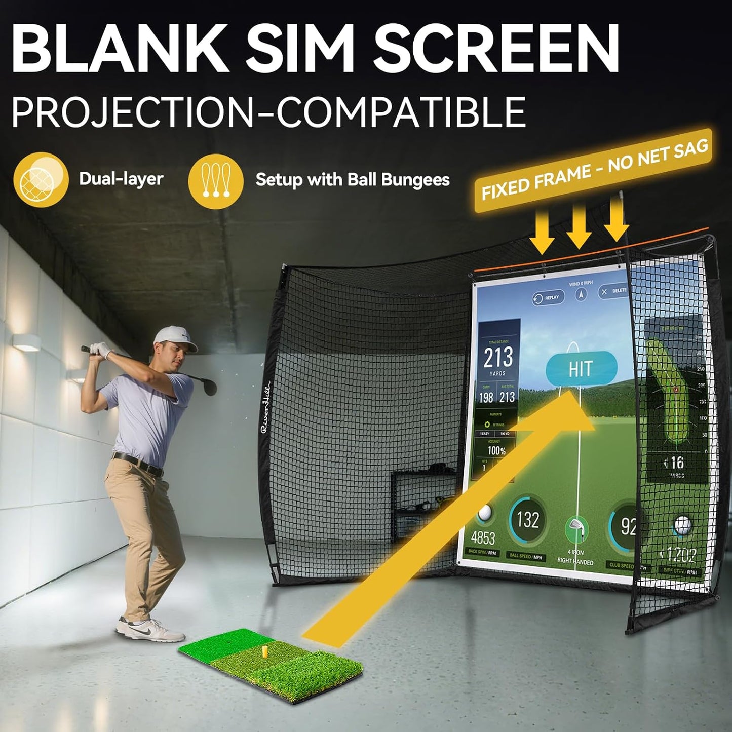Golf Cage with Impact Screen, 10x8 Ft Golf Hitting Net w/Sound-Dampening Cloth, Practice Mat, Golf Simulator Enclosure, Indoor & Outdoor Driving Chipping Equipment for Home, Backyard & Garage