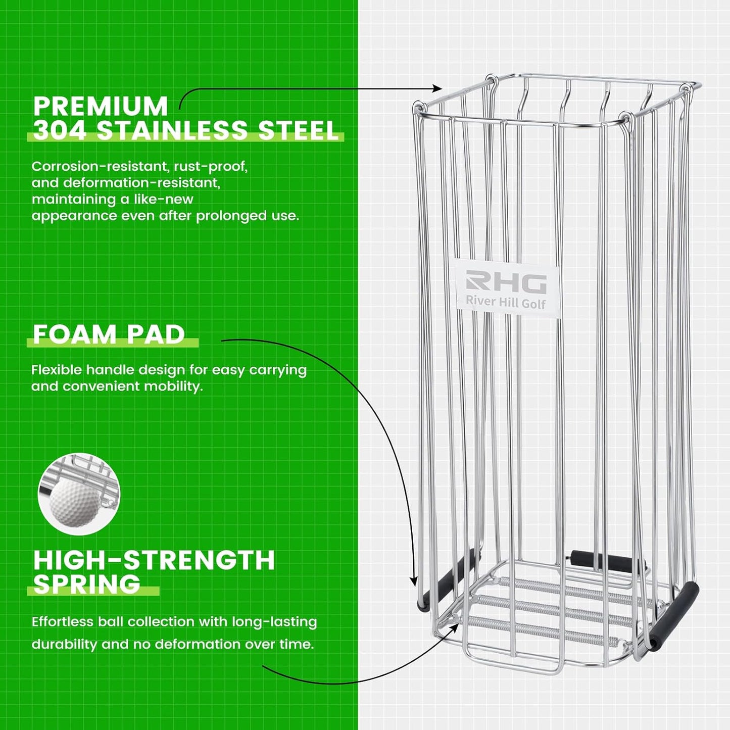 Golf Ball Retriever, 304 Stainless Steel Golf Ball Picker Upper, 2-in-1 Design Golf Ball Collector and Basket Hold Up 140 Balls, Rust-Free Shag Bag Grabber Collector Tool Bucket Simulator Accessories