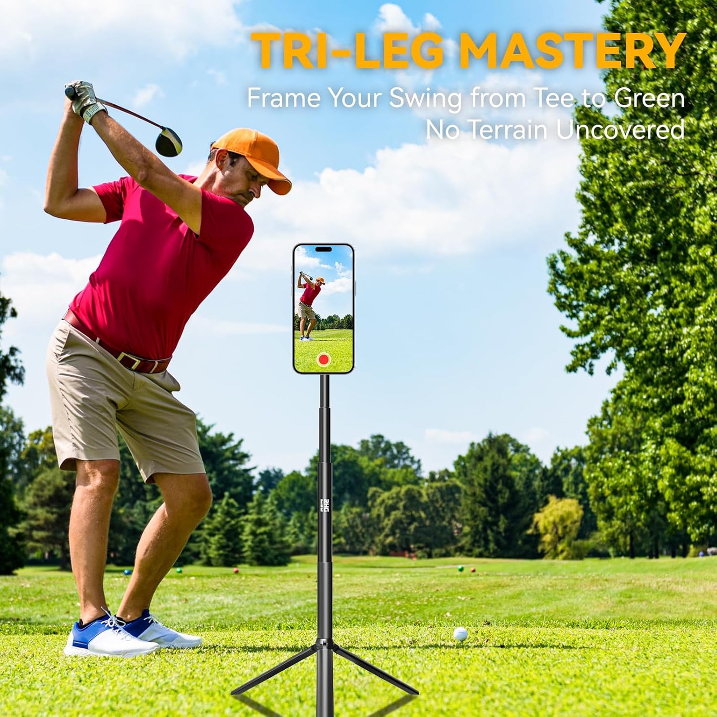 Golf Monopod Stick, Golf Swing Phone Holder, 46" Magnetic Aluminum Alloy Selfie Stick w/Tri-Leg Tripod Base Spike Stake Mount, Compatible w/iPhone Camera, Golf Training Aid