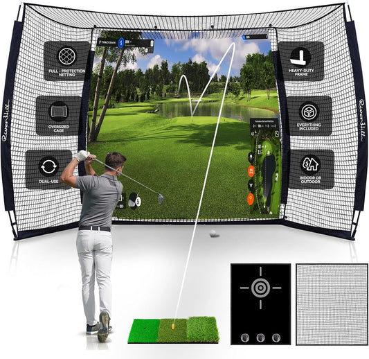 Golf Cage with Impact Screen, 10x8 Ft Golf Hitting Net w/Sound-Dampening Cloth, Practice Mat, Golf Simulator Enclosure, Indoor & Outdoor Driving Chipping Equipment for Home, Backyard & Garage