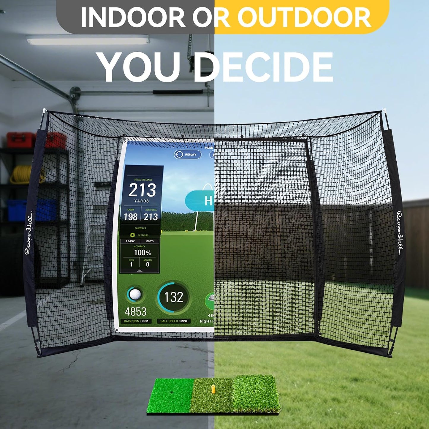 Golf Cage with Impact Screen, 10x8 Ft Golf Hitting Net w/Sound-Dampening Cloth, Practice Mat, Golf Simulator Enclosure, Indoor & Outdoor Driving Chipping Equipment for Home, Backyard & Garage