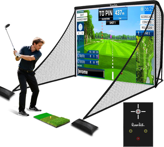 Golf Hitting Net, 10x7ft Golf Simulator Practice Net with Impact Screen, Auto Ball Return, Mat, Target Cloth, Side Net for Chipping Driving Backyard Garage Indoor Outdoor