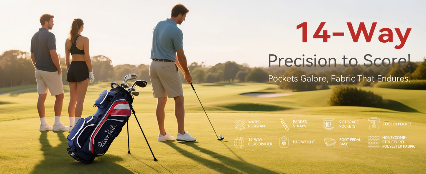 14 Way Golf Stand Bag, Lightweight Golf Bags w/Full-Length Dividers, 9 Pockets, Padded Strap, Cooler Pocket, High-Tech Zippers, Rain-Hood, Free Shoe Bag for Men & Women